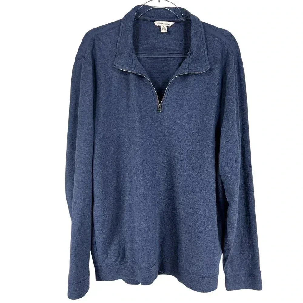 Calvin Klein Jeans Mens XL Blue 1/4 Zip Pullover Sweatshirt Minimalist Dad Wear